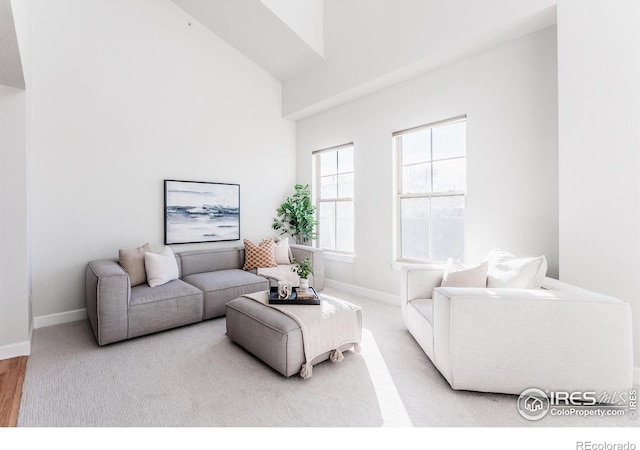 living area with a towering ceiling and baseboards