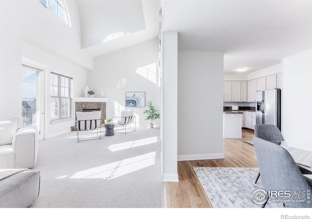 living area featuring baseboards, light wood finished floors, a fireplace, and a healthy amount of sunlight