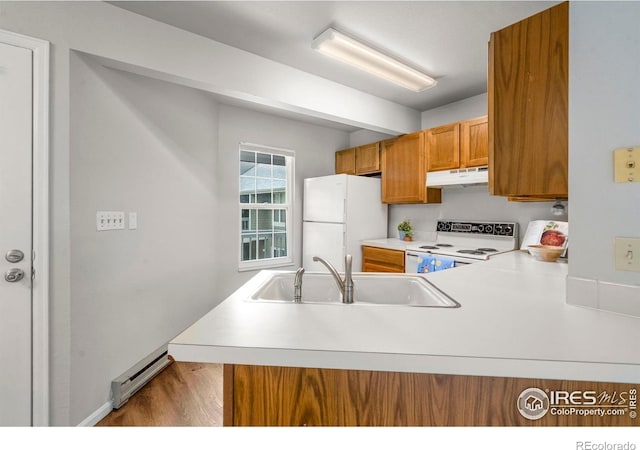3565 Windmill Dr Unit 5, Fort Collins, CO 80526 - kitchen with white appliances, under cabinet range hood, a sink, brown cabinetry, and a baseboard heating unit