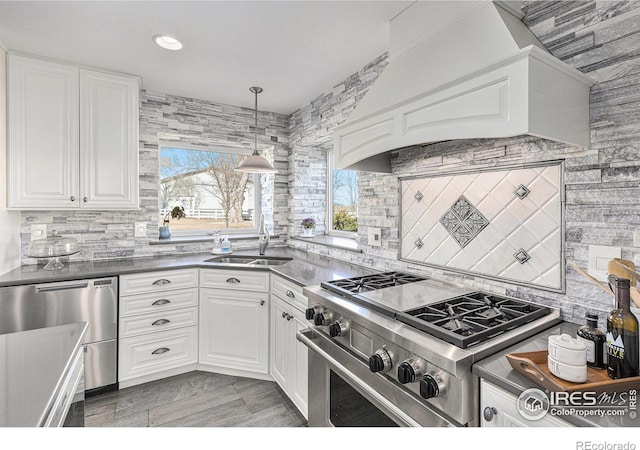 kitchen featuring premium range hood, a sink, stainless steel range, white cabinetry, and tasteful backsplash