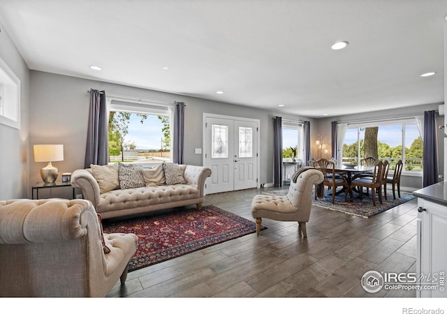 36340 County Road 49, Eaton, CO 80615 - living room featuring plenty of natural light, dark wood finished floors, and recessed lighting