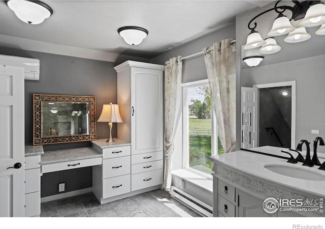 36340 County Road 49, Eaton, CO 80615 - bathroom with a baseboard heating unit, vanity, a bath, and a shower