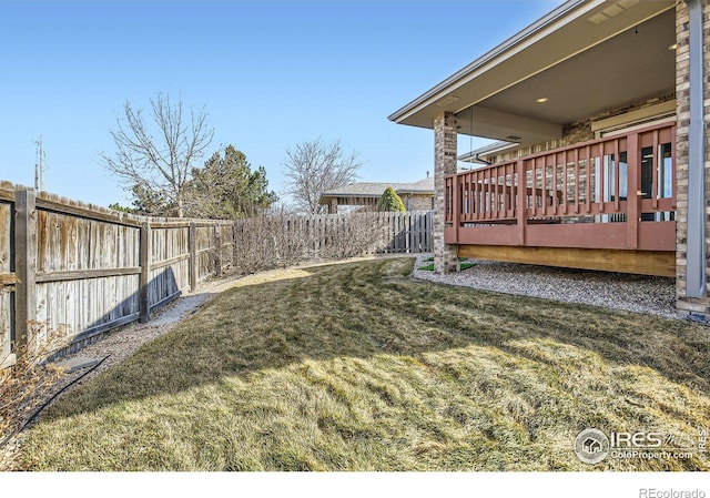 view of yard featuring a deck and a fenced backyard