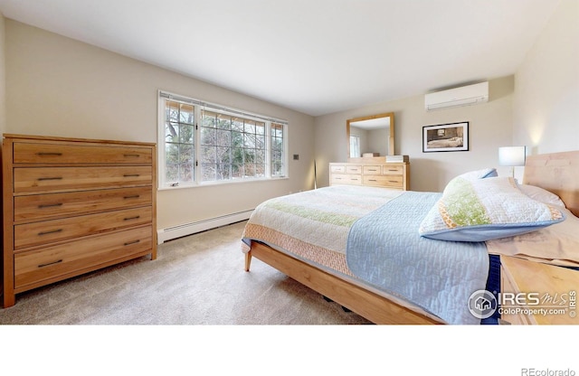 carpeted bedroom with a baseboard radiator and a wall mounted air conditioner