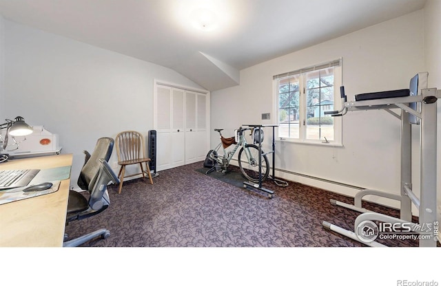 workout room with carpet flooring and vaulted ceiling