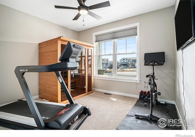 workout area featuring carpet, baseboards, and a ceiling fan