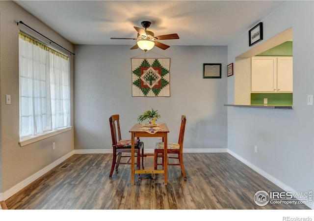 dining area featuring visible vents, a ceiling fan, dark wood-style flooring, and baseboards