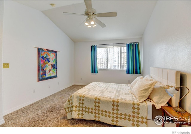 bedroom with baseboards, carpet, lofted ceiling, and a ceiling fan