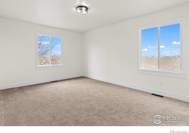 carpeted spare room with plenty of natural light, visible vents, and baseboards