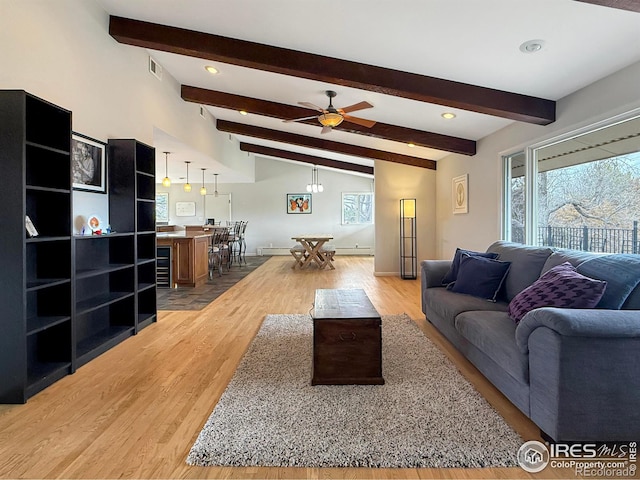 living room with lofted ceiling with beams, light wood-style floors, visible vents, and a ceiling fan