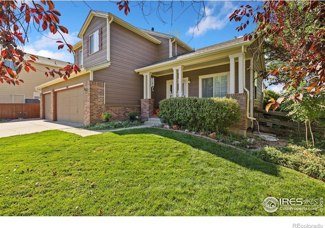 view of front facade featuring driveway, a garage, fence, a front lawn, and brick siding