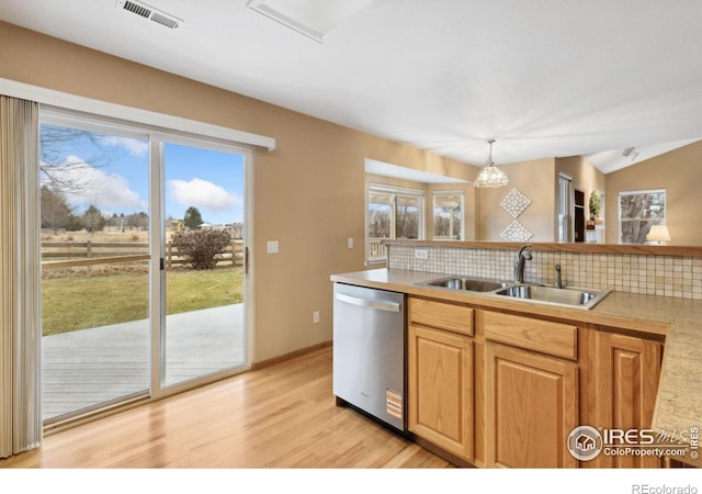 kitchen featuring a sink, plenty of natural light, visible vents, and stainless steel dishwasher