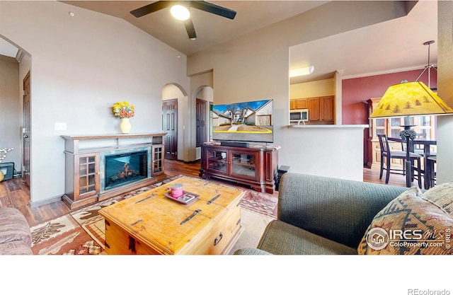 living room featuring lofted ceiling, ceiling fan, wood finished floors, and a glass covered fireplace