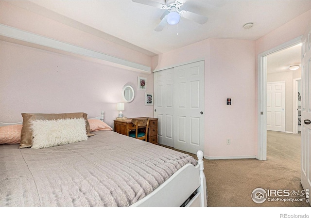 bedroom featuring ceiling fan, baseboards, a closet, and light colored carpet