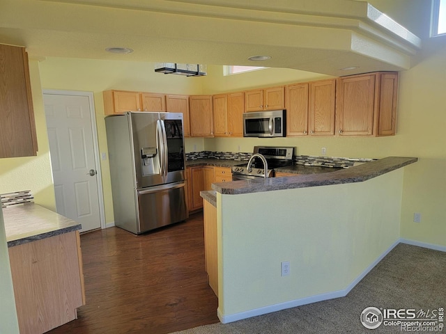 kitchen with baseboards, a peninsula, dark countertops, dark wood finished floors, and stainless steel appliances