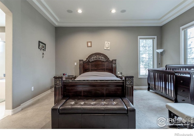 bedroom with carpet, baseboards, and recessed lighting