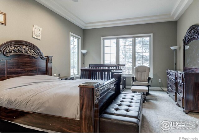 bedroom featuring carpet floors, ornamental molding, and baseboards