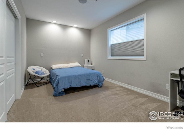 bedroom with recessed lighting, carpet, and baseboards