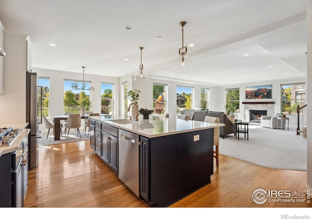 kitchen with light wood-type flooring, a sink, appliances with stainless steel finishes, light countertops, and a healthy amount of sunlight