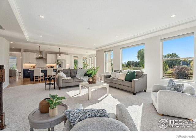 living area with light wood-style flooring, recessed lighting, crown molding, and a tray ceiling