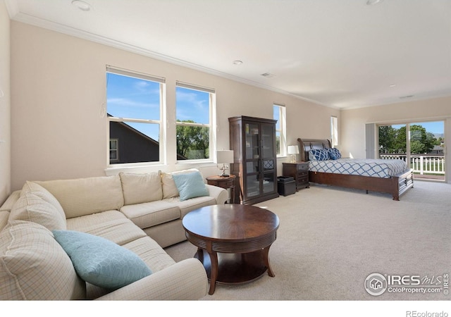 bedroom with access to outside, carpet, and ornamental molding