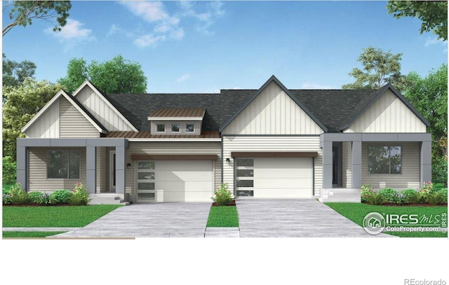 view of front of house featuring metal roof, an attached garage, driveway, board and batten siding, and a standing seam roof