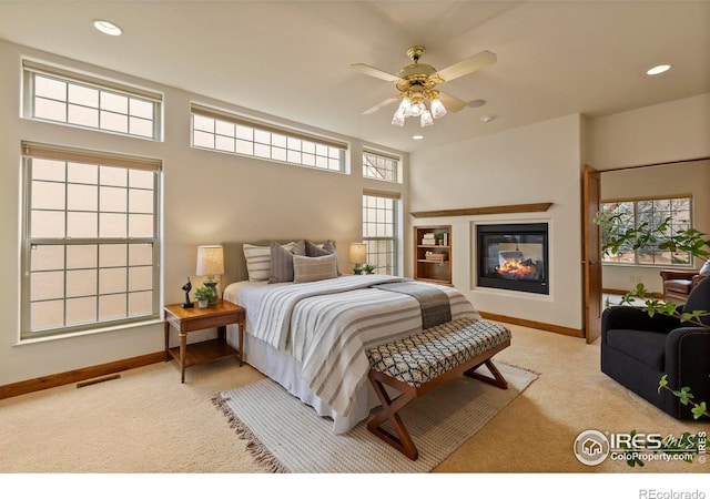 bedroom with visible vents, recessed lighting, carpet, and baseboards