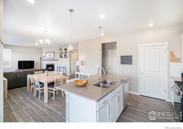 kitchen with a sink, wood finished floors, appliances with stainless steel finishes, a fireplace, and decorative backsplash