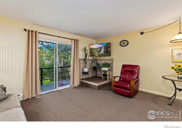 living area with a baseboard heating unit, baseboards, and carpet floors