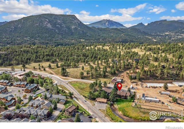 bird's eye view featuring a view of trees and a mountain view