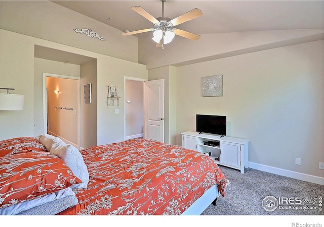 carpeted bedroom featuring ceiling fan, baseboards, and lofted ceiling