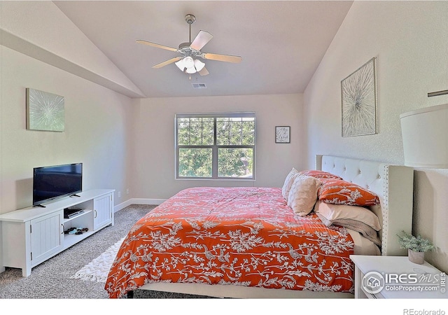 bedroom with a ceiling fan, visible vents, baseboards, vaulted ceiling, and light colored carpet