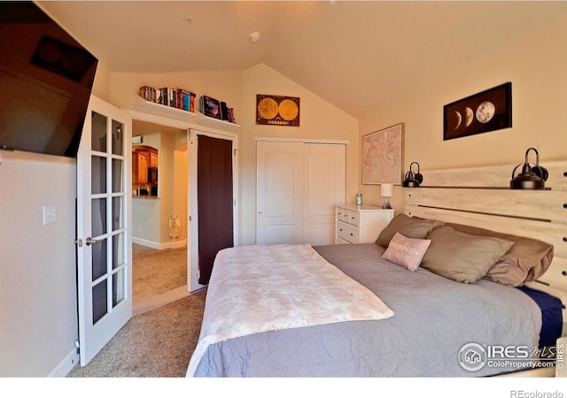 carpeted bedroom featuring lofted ceiling and a closet