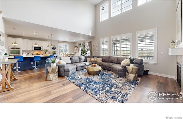 890 Meadowlark Dr, Erie, CO 80516 - living room featuring light wood finished floors, plenty of natural light, a fireplace, and baseboards
