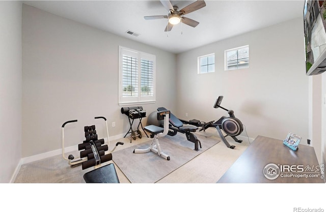 890 Meadowlark Dr, Erie, CO 80516 - exercise room with visible vents, carpet flooring, baseboards, and ceiling fan