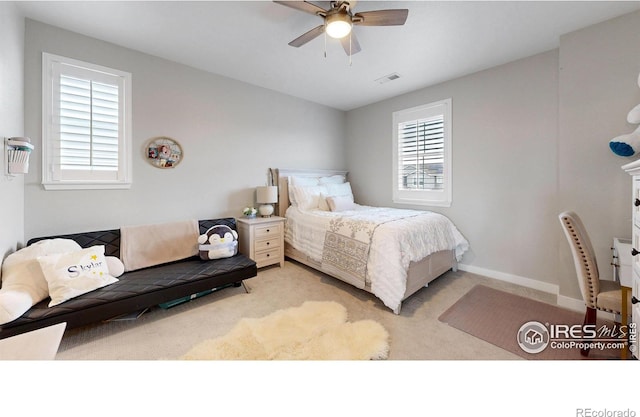 890 Meadowlark Dr, Erie, CO 80516 - bedroom featuring visible vents, light carpet, baseboards, and ceiling fan