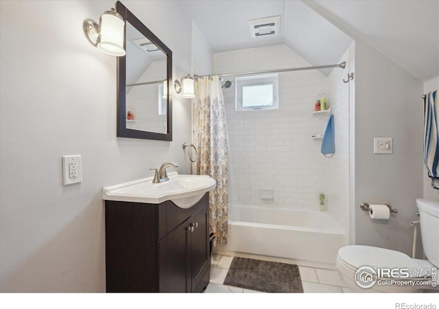 bathroom with tile patterned floors, shower / bathtub combination with curtain, toilet, and vanity