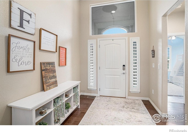 foyer entrance with a wealth of natural light, baseboards, and dark wood-type flooring