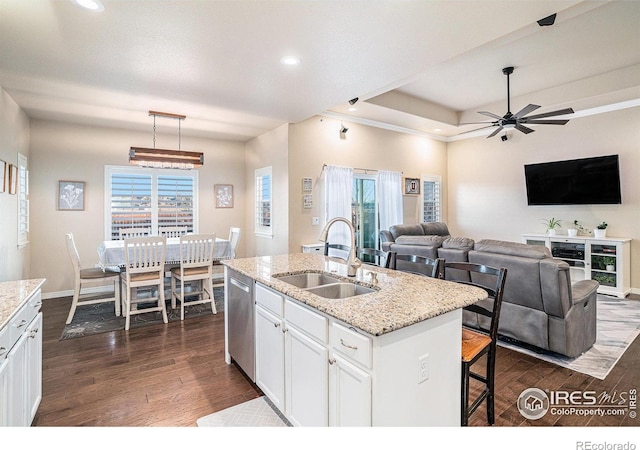 kitchen featuring a sink, dark wood-type flooring, open floor plan, white cabinets, and stainless steel dishwasher