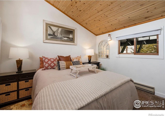 carpeted bedroom featuring a baseboard heating unit, wooden ceiling, and vaulted ceiling