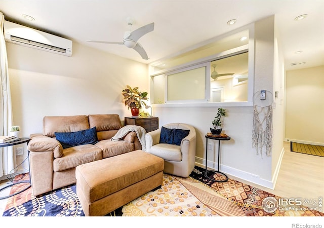 living room featuring wood finished floors, baseboards, a wall mounted AC, recessed lighting, and ceiling fan