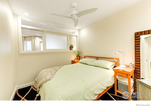 bedroom with recessed lighting, baseboards, and ceiling fan