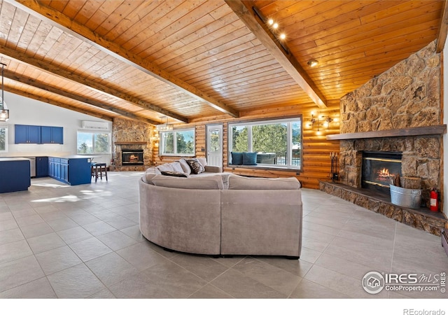 871 E Ln, Estes Park, CO 80517 - living area featuring a fireplace, wood ceiling, light tile patterned flooring, log walls, and a wall unit AC