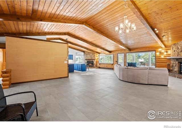 871 E Ln, Estes Park, CO 80517 - living area featuring a stone fireplace, a chandelier, wood ceiling, and rustic walls