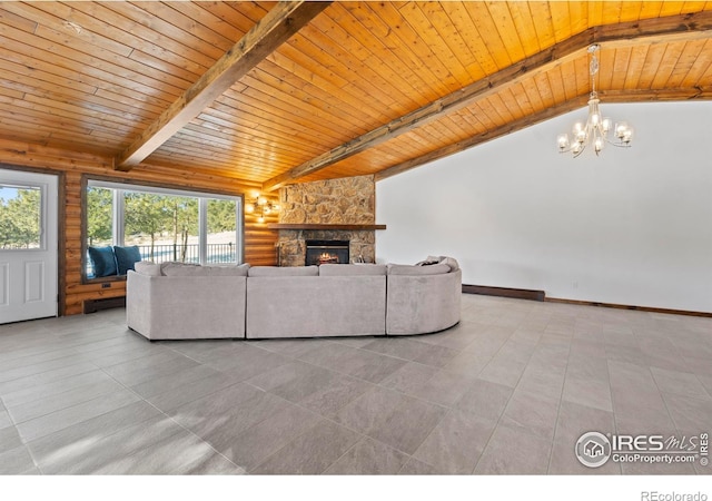 871 E Ln, Estes Park, CO 80517 - living room featuring a chandelier, a fireplace, wooden ceiling, and tile patterned floors