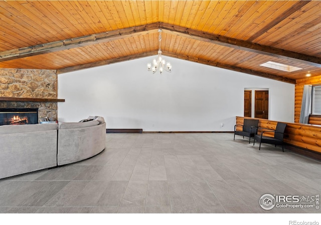 871 E Ln, Estes Park, CO 80517 - living area featuring a chandelier, a stone fireplace, wooden ceiling, and baseboards