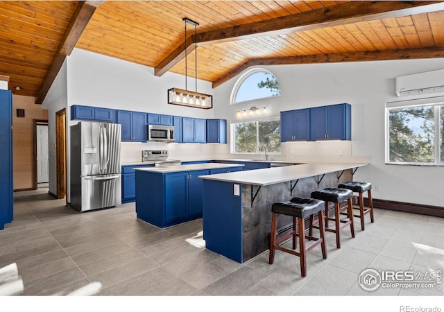871 E Ln, Estes Park, CO 80517 - kitchen featuring blue cabinets, appliances with stainless steel finishes, wooden ceiling with exposed beams, a sink, and a wall mounted air conditioner