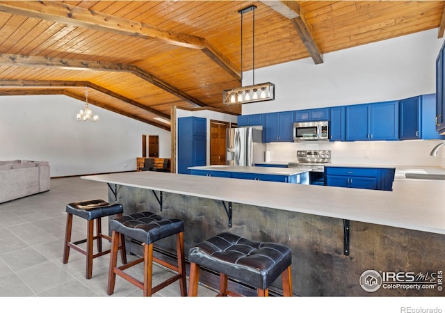 871 E Ln, Estes Park, CO 80517 - kitchen featuring appliances with stainless steel finishes, blue cabinets, a chandelier, wooden ceiling with exposed beams, and light countertops