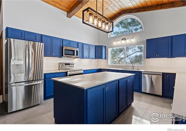 871 E Ln, Estes Park, CO 80517 - kitchen featuring appliances with stainless steel finishes, blue cabinetry, wooden ceiling with exposed beams, a sink, and high vaulted ceiling