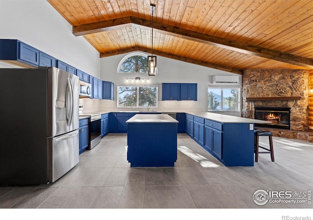 871 E Ln, Estes Park, CO 80517 - kitchen with blue cabinetry, appliances with stainless steel finishes, a wall mounted AC, wooden ceiling with exposed beams, and a peninsula